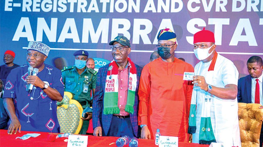 Governor Okezie Ikpeazu of Abia State (left), Governor Godwin Obaseki of Edo State, Governor Seyi Makinde of Oyo State and Candidate of the PDP in the Nov. 6 Anambra governorship election, Valentine Ozigbo at the launch of PDP e-registration and Continuous Voter Registration (CRV) drive in the southeastern state.